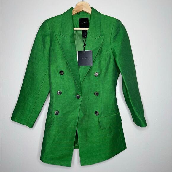 Smythe NWT Linen Silk Crop Sleeve Kelly Green Blazer Jacket Size 0 - Picture 3 of 9